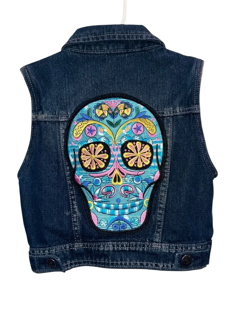 Cute & Sassy Girls Denim Vest Sugar Skull Embroidered Back Studded Collar Size 7